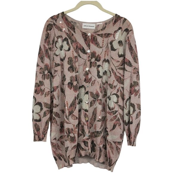Alfred Dunner Pink sequin Knit Button-Up Cardigan Floral Sparkly pastels size ~M - Picture 1 of 16